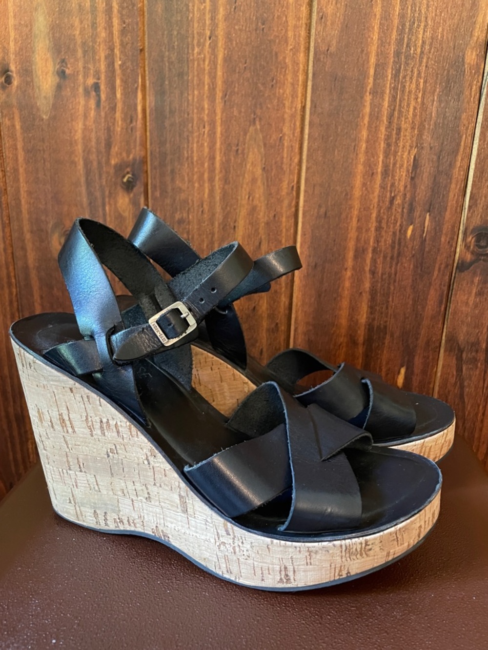 Kork-Ease Black Leather Cork Platform Wedge Sandals Sz9